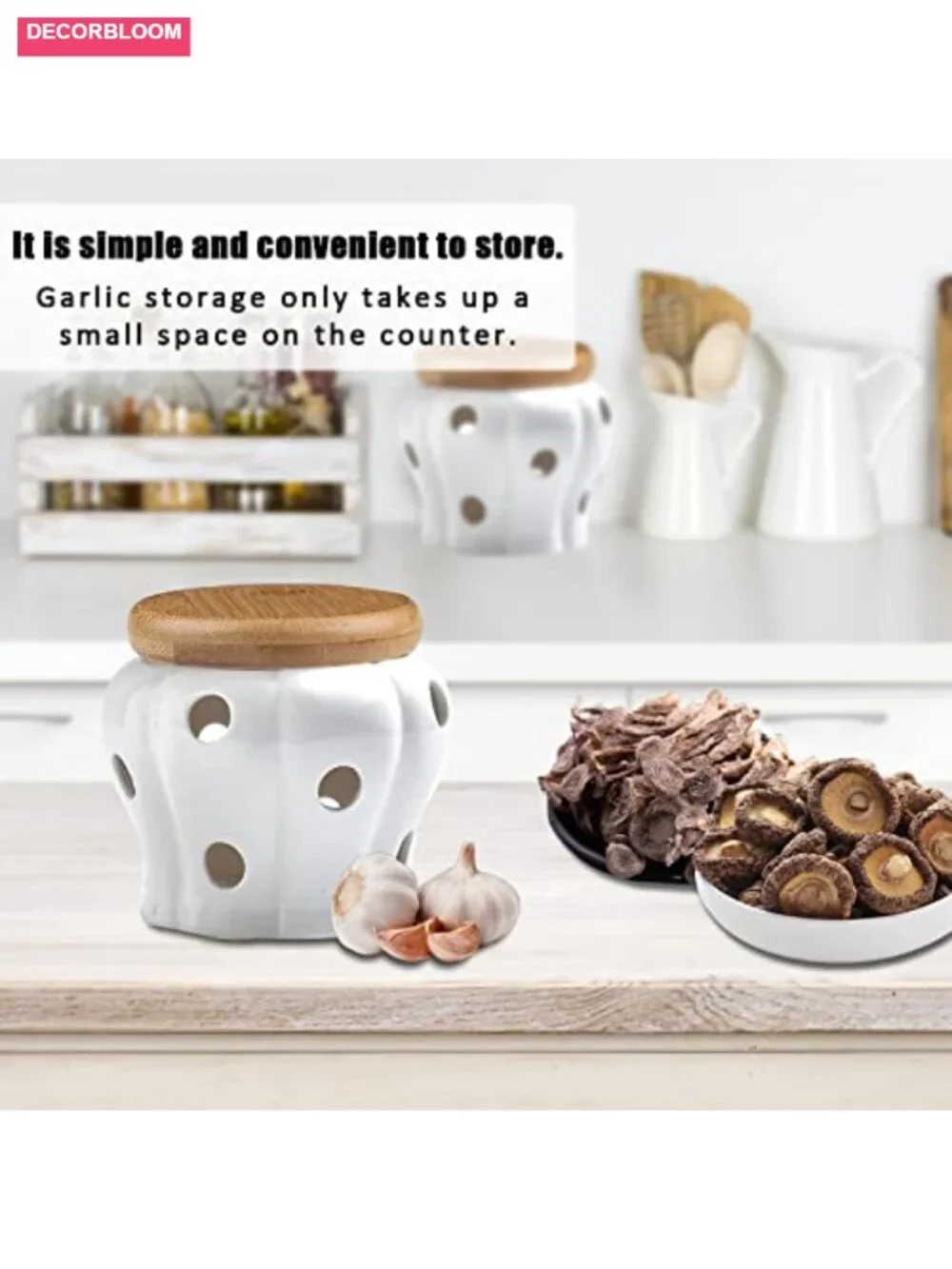 Ceramic Garlic Storage Container with Bamboo Lid - Ventilated Kitchen Canister